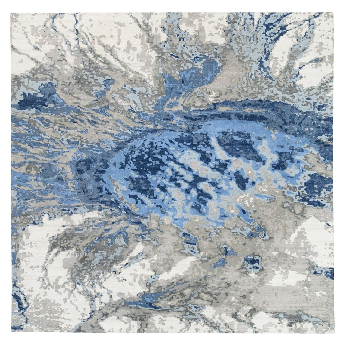 10'1"X10'1" Blue Abstract Design Wool And Silk Hand Knotted Square Rug