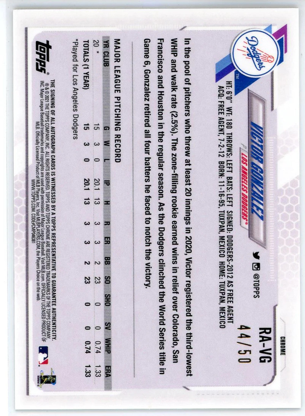 Victor Gonzalez Autographed 2021 Topps Chrome Gold Rookie Card #Ra-Vg