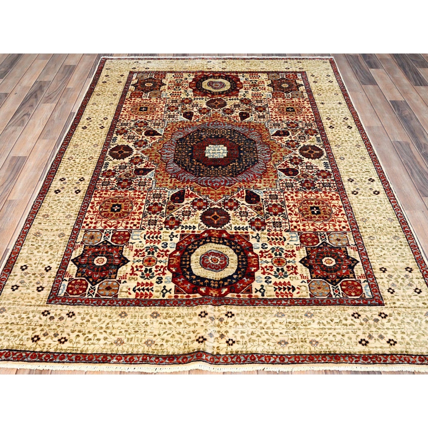 4'10"X7' White Hand Knotted 100% Wool Mamluk Design Oriental Rug