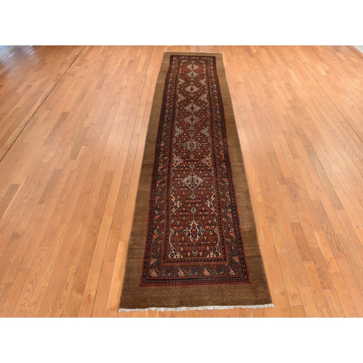 3'2"X15' Brown Antique Camel Hair Serrib All Wool Hand Knotted Runner Rug