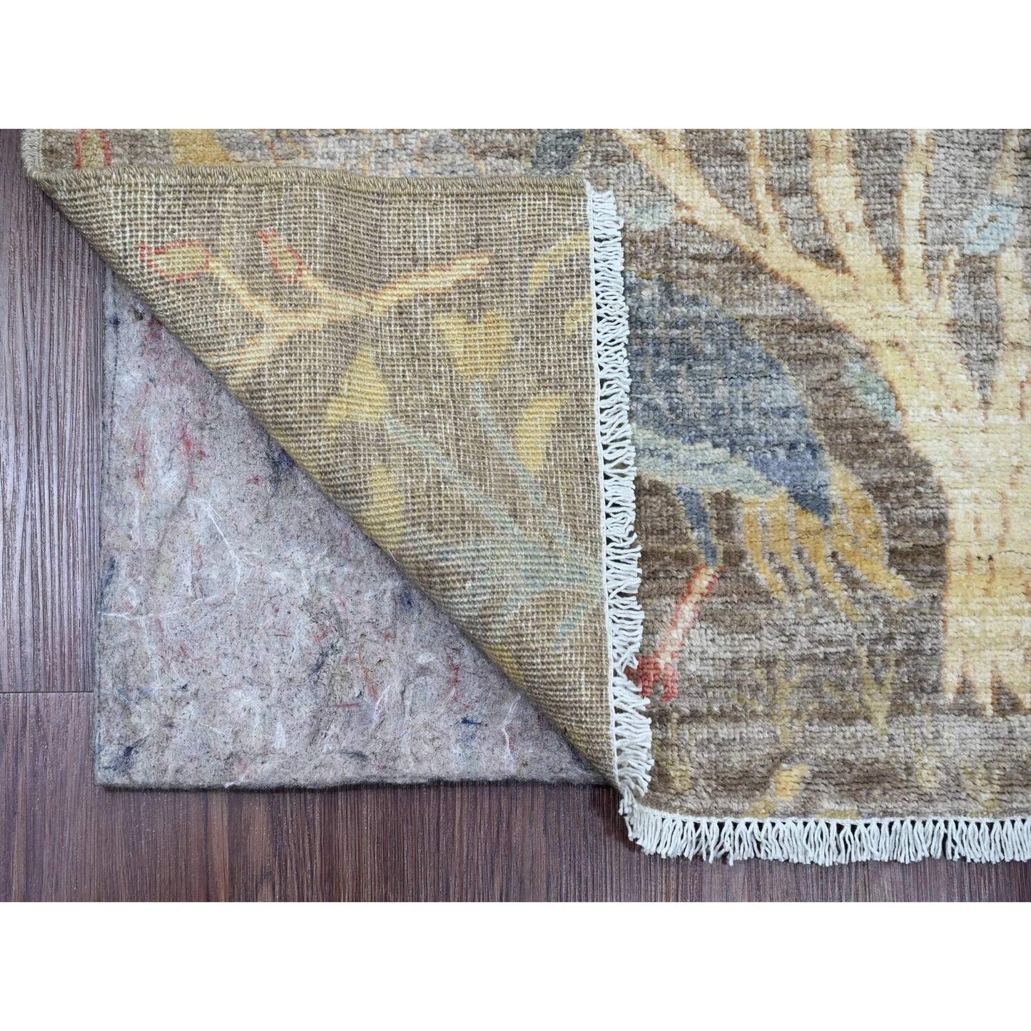 2'8"X11'10" Brown Peshawar Birds Design Hand Knotted Soft Wool Runner Rug