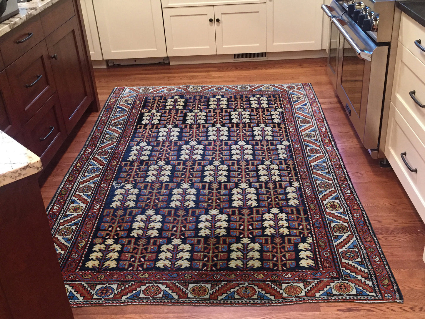 4'4"X5'9" Navy Antique Farsian Heris With Tree Design Hand-Knotted Rug