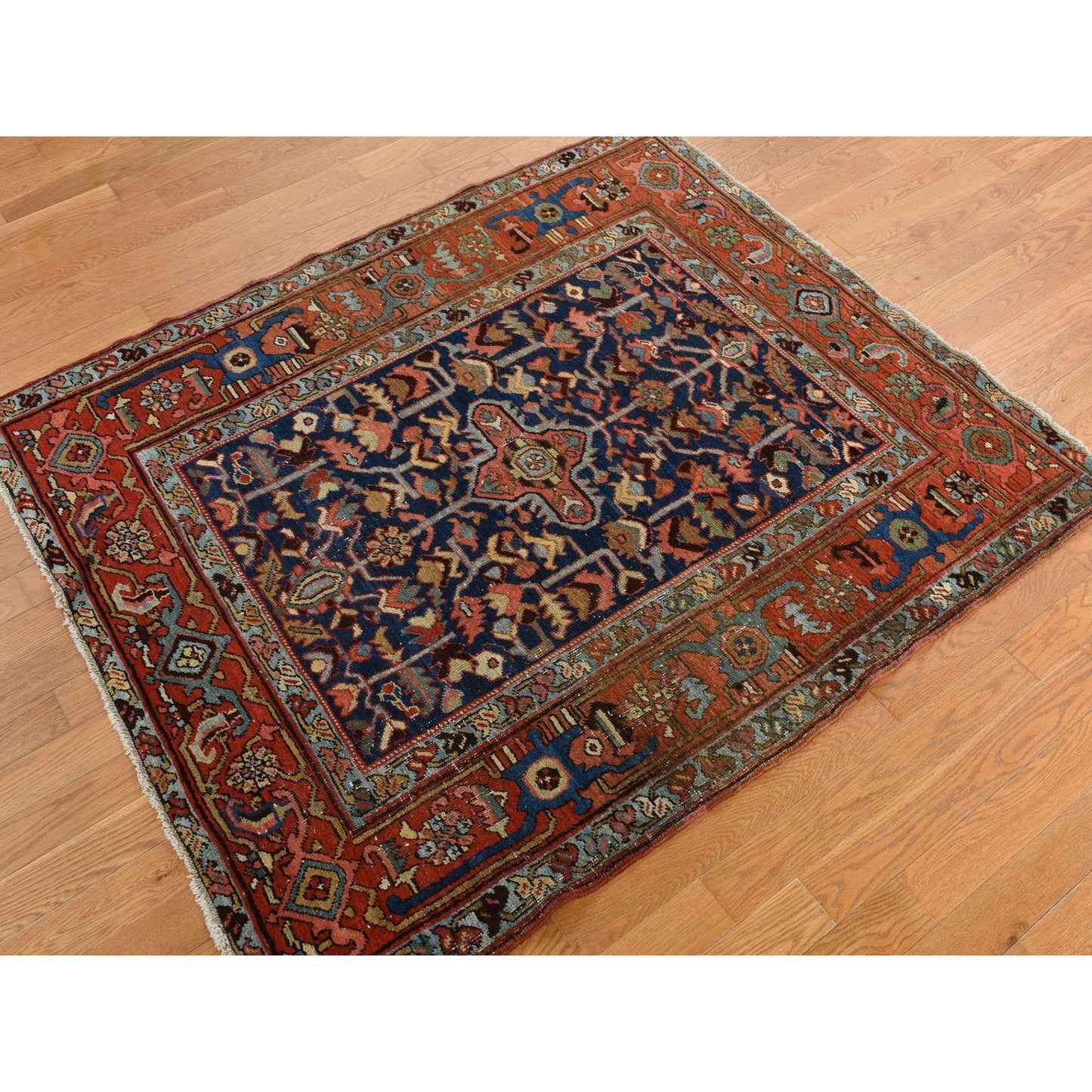 4'6"X5'6" Blue Antique Zoroastrian Heris Wide Serapi Borders Oriental Rug