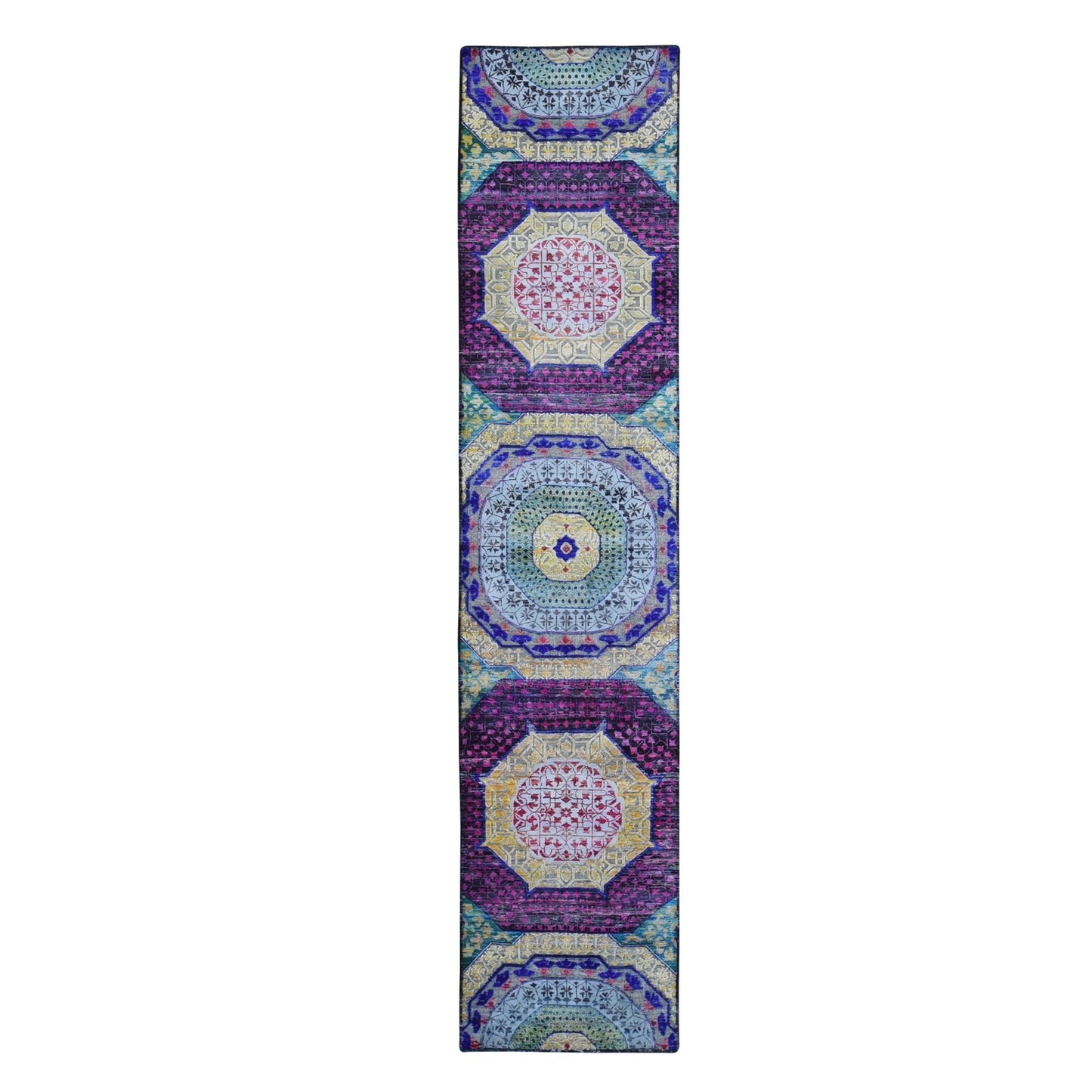 2'7"X12' Sari Silk With Wool Mamluk Design Hand Knotted Wide Runner Rug