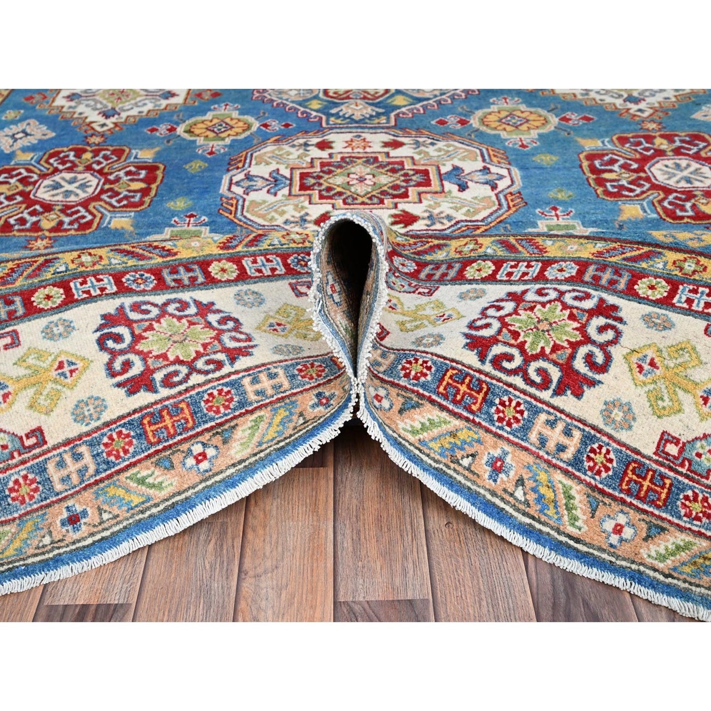 8'X10'1" Blue Soft Wool Kazak All Over Design Hand Knotted Oriental Rug