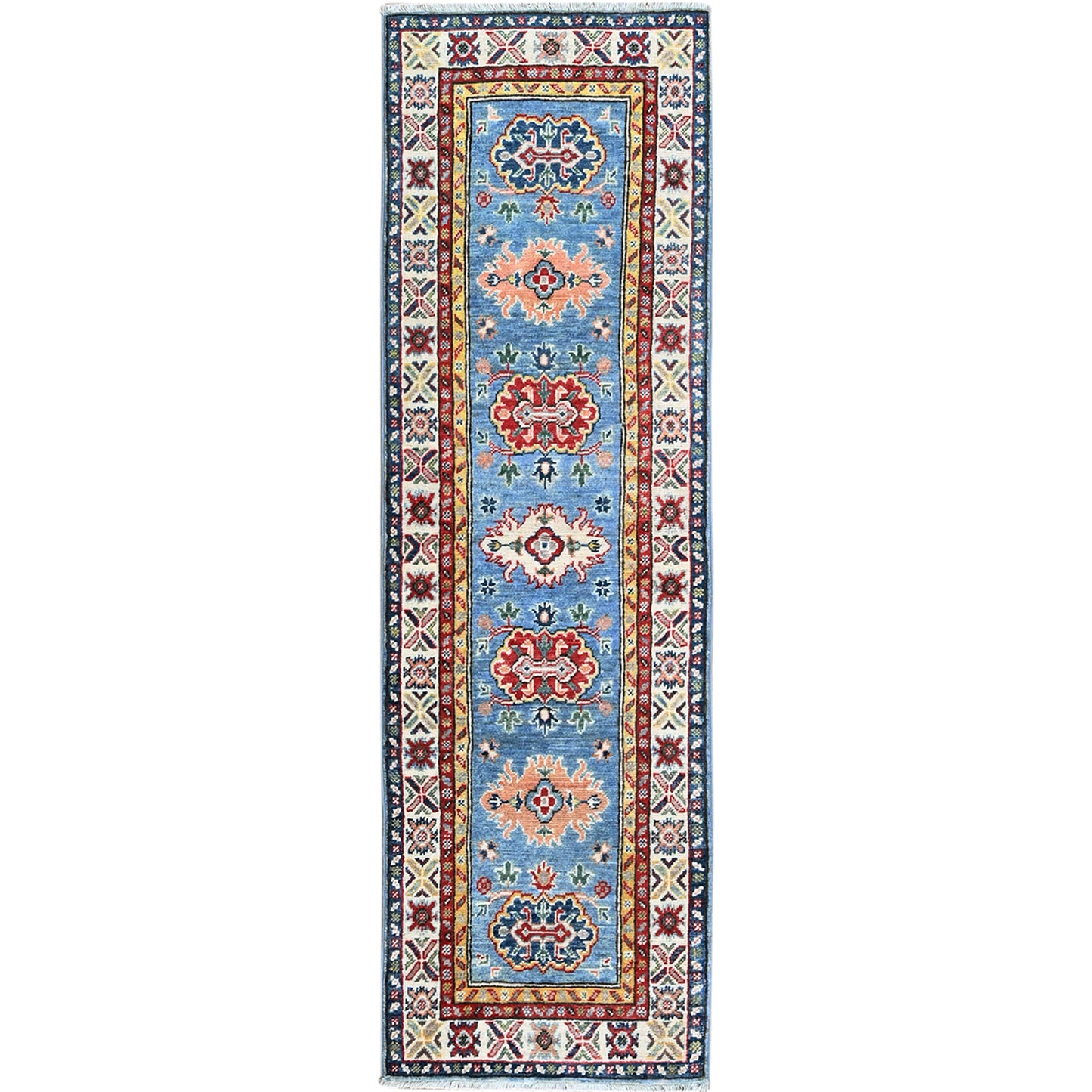 2'X6'6" Blue Kazak With Tribal Design Soft Wool Hand Knotted Runner Rug