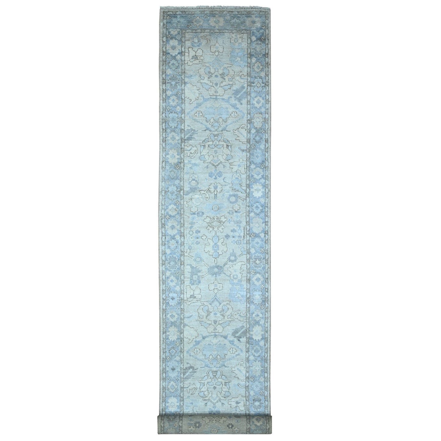 3'X19'5" Blue Afghan Wool Weft Angora Oushak Xl Runner Oriental Rug