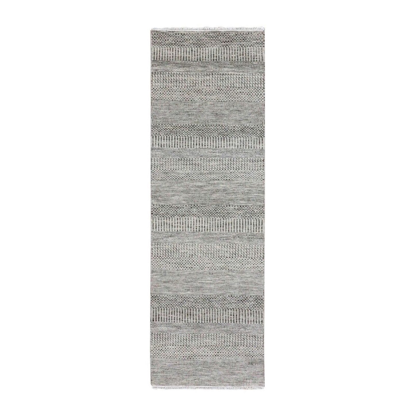 2'7"X8' Power Gray Grass Design Hand Knotted Undyed Wool Runner Rug