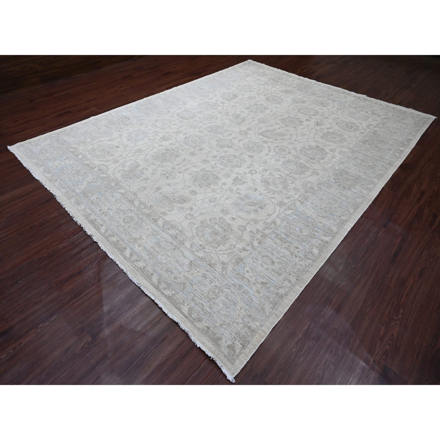 9'2"X11'10" White Washed Out Peshawar Leaf Design Hand Knotted Wool Rug