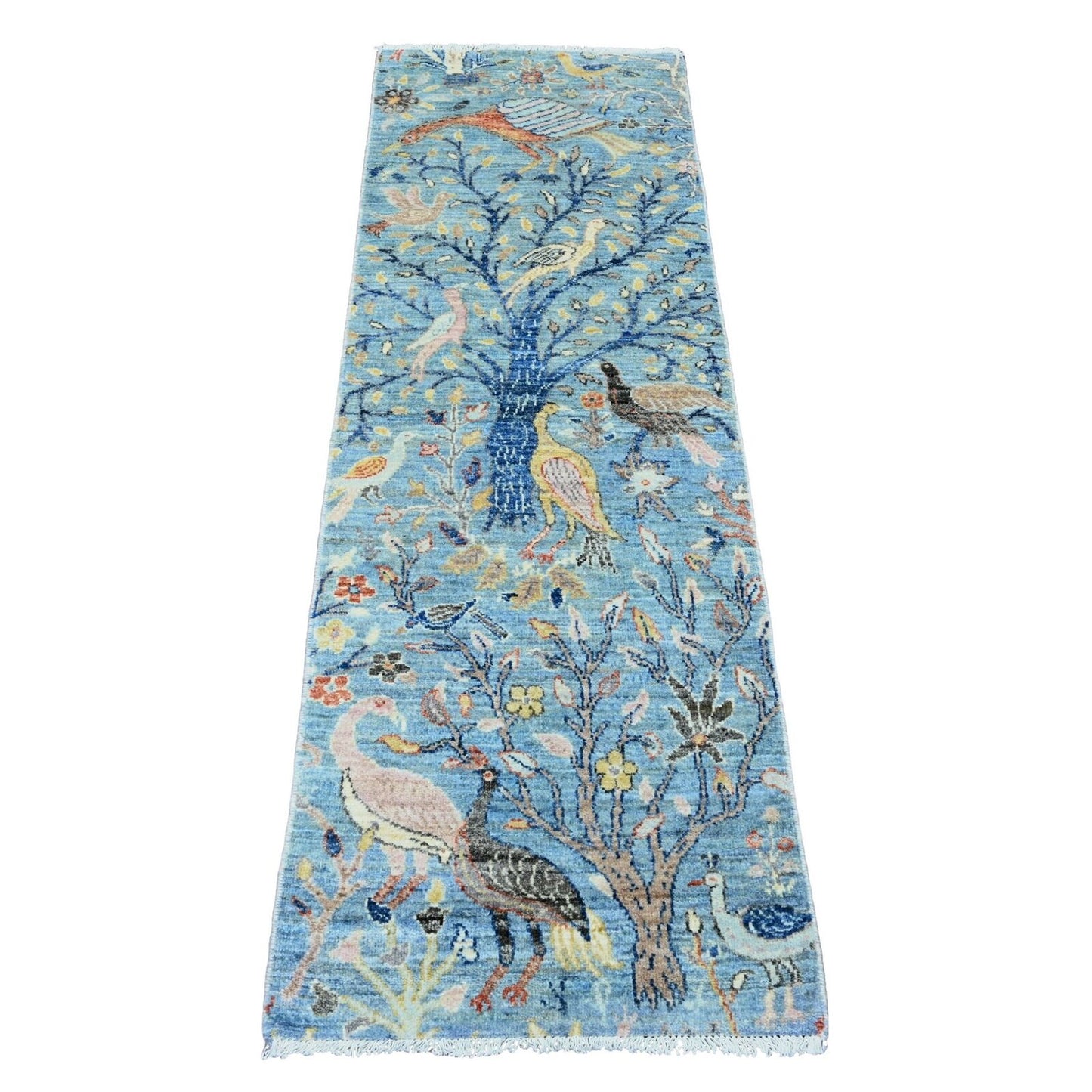 2'X6'1" Blue Afghan Peshawar Birds Design Hand Knotted Wool Runner Rug