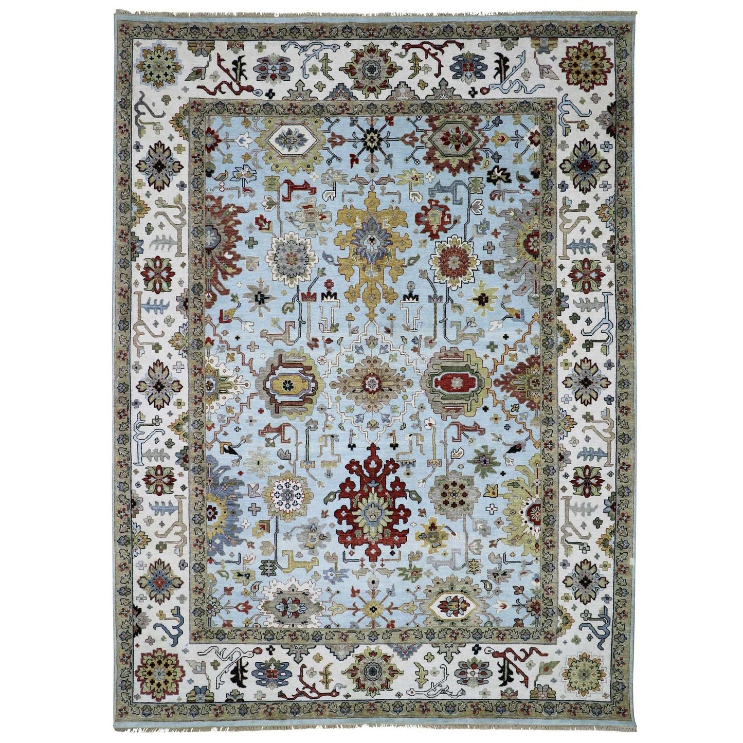 9'X12'5" Azure Sky Blue Hand Knotted Wool Agra Leaf Design Oriental Rug