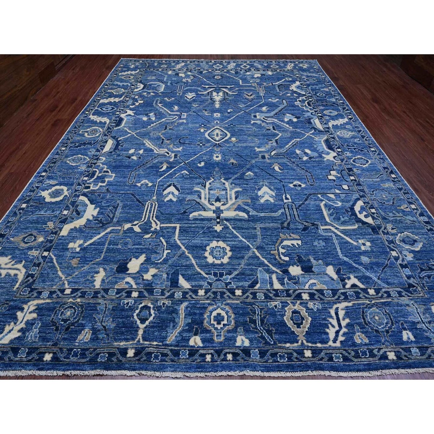 10'1"X13'9" Blue Hand Knotted Afghan Angora Oushak Vines Design Wool Rug