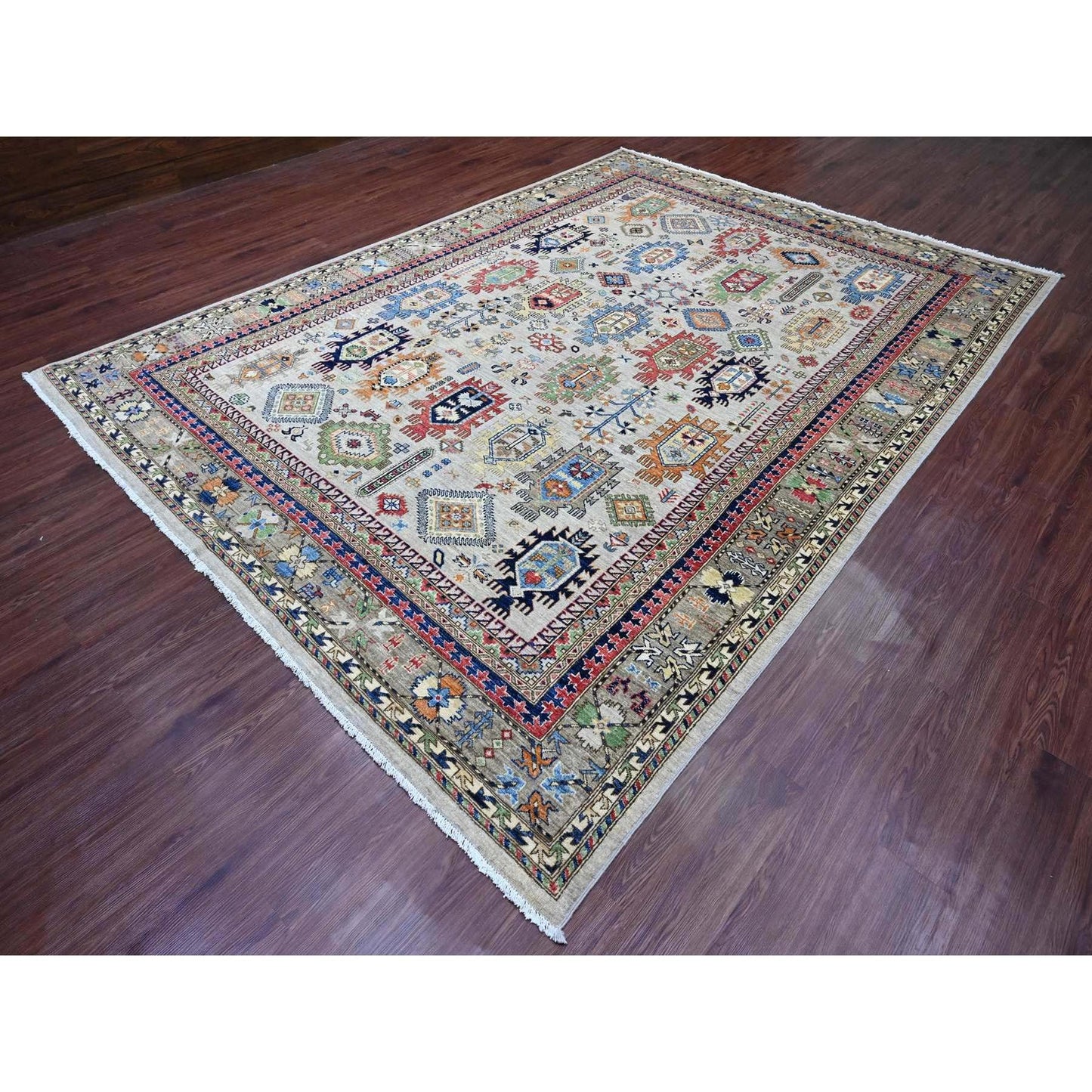 8'9"X11'10" Gray Caucasian Inspired Antiqued Design Wool Hand Knotted Rug