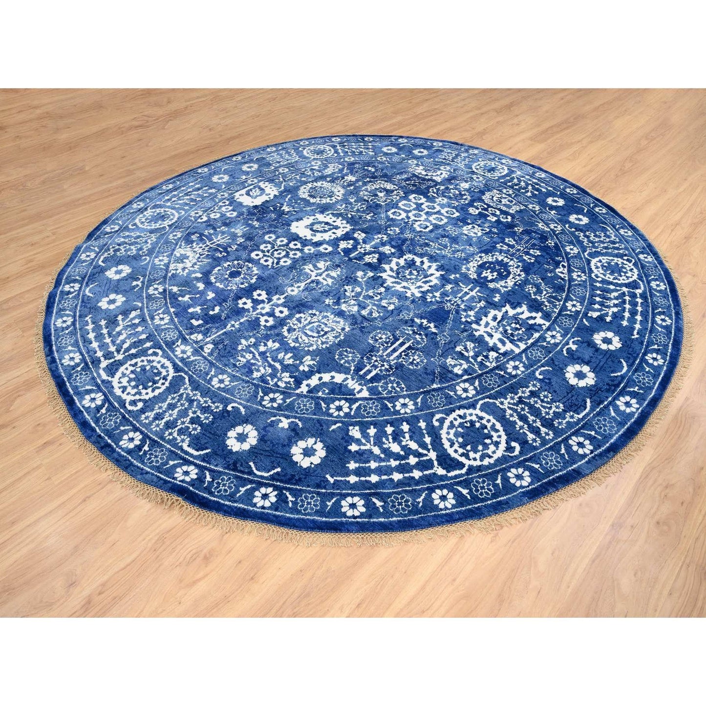 10'2"X10'2" Denim Blue Tebraz Wool And Silk Hand Knotted Round Rug