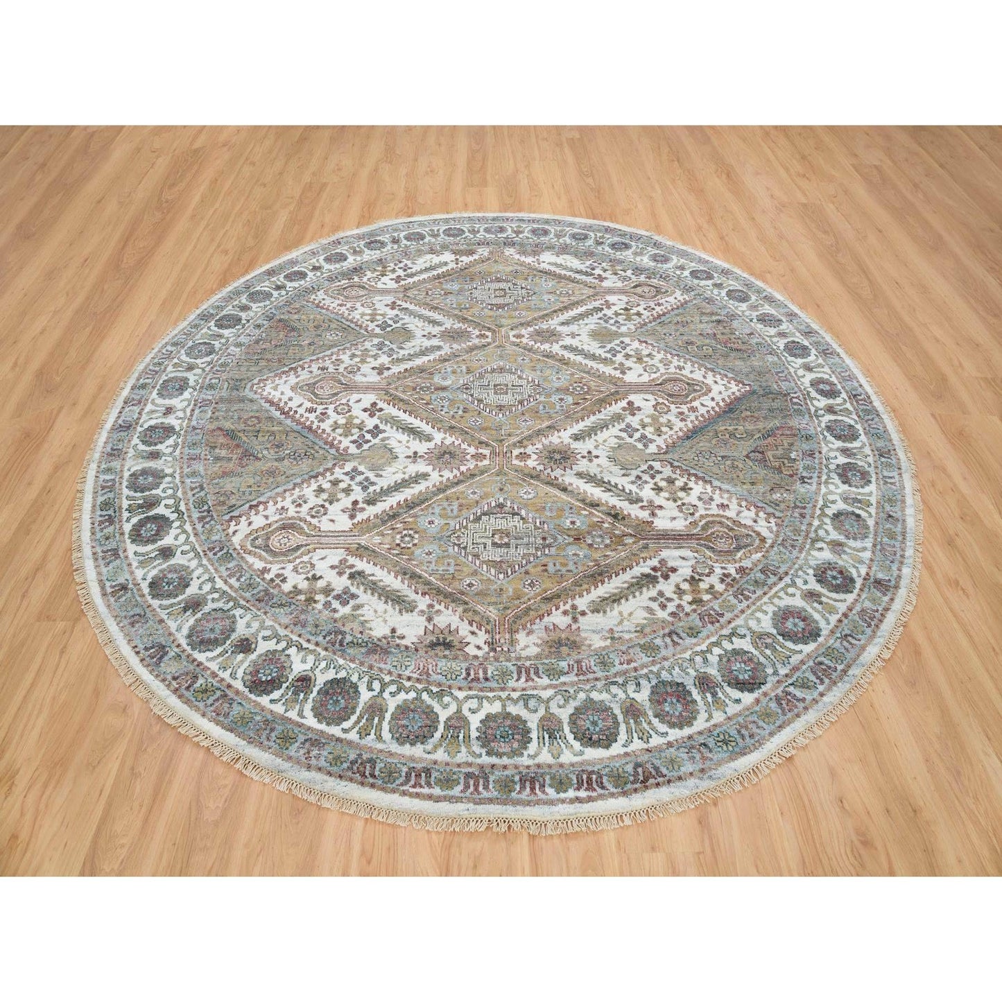 9'9"X9'9" Ivory Hand Knotted Flower Rosettes Border Round Oriental Rug