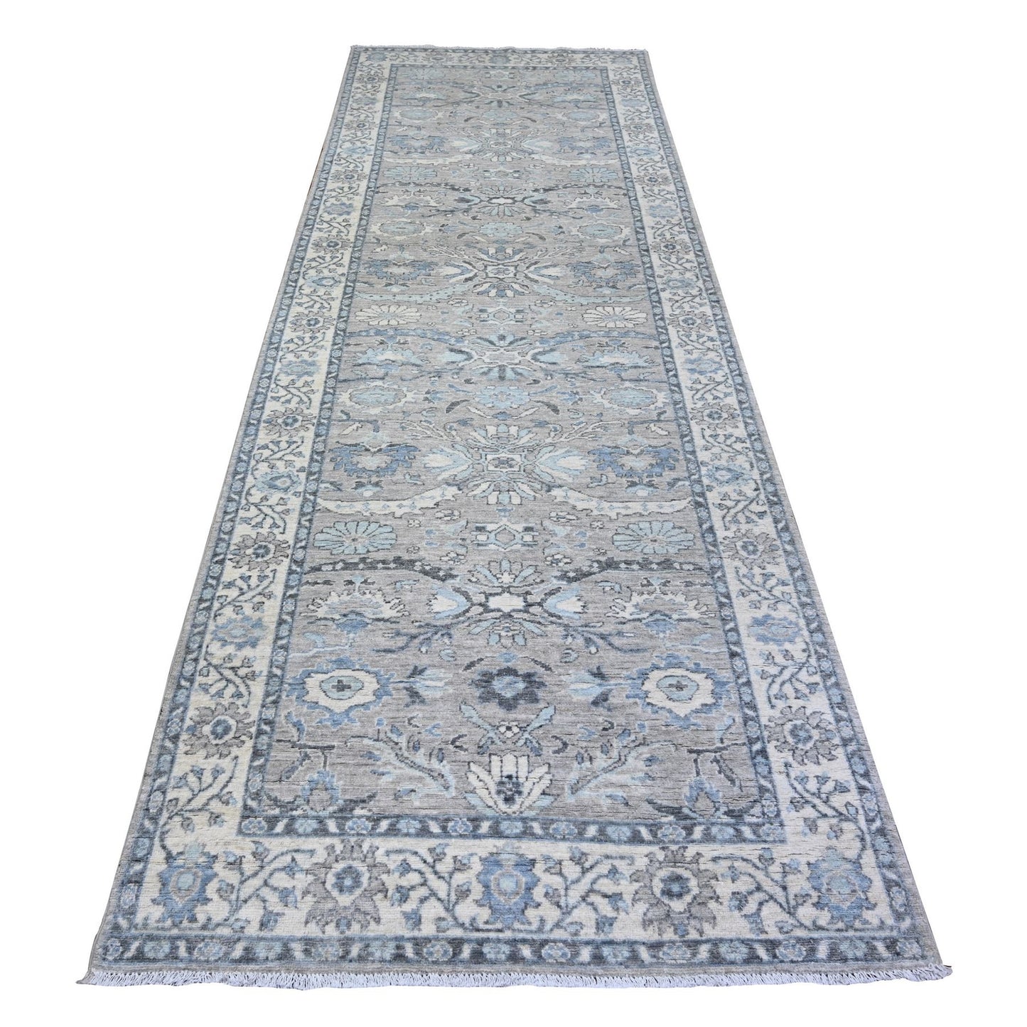 4'X12' Upward Gray Wool Sickle Leaf Design Wide Runner Hand Knotted Rug