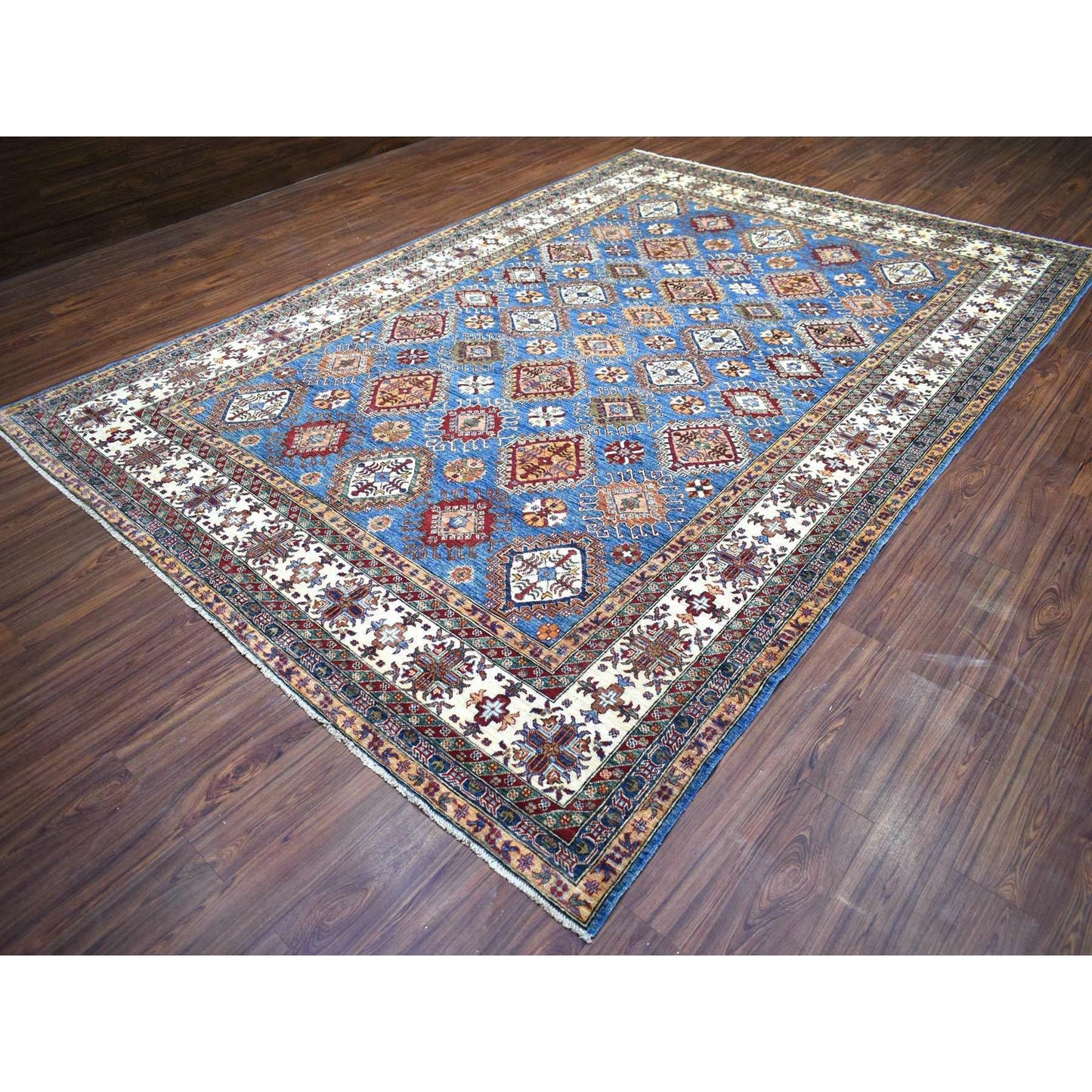 9'X12'8" Blue Caucasian Super Kazak Shiny And Soft Wool Hand Knotted Rug