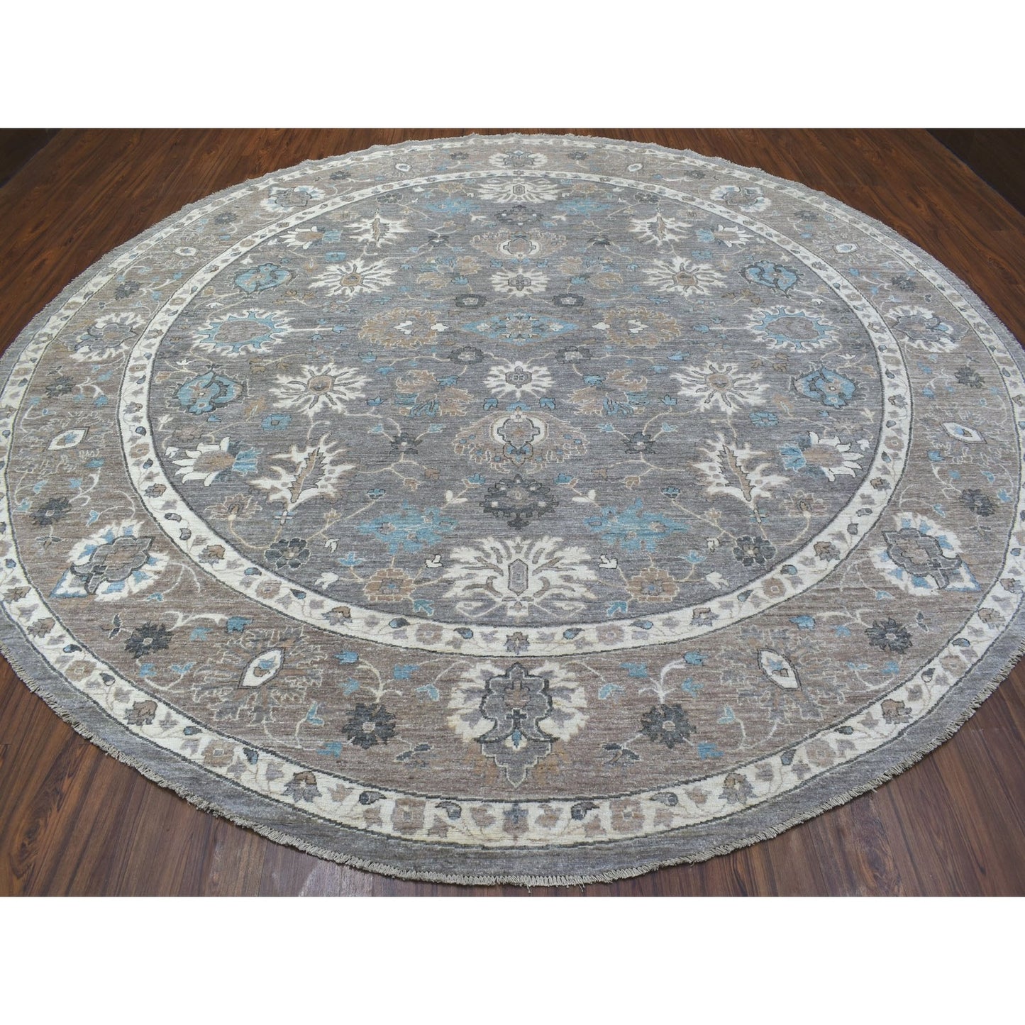 12'X12' Hand Knotted Soft Wool Fine Peshawar Silver Gray Round Rug