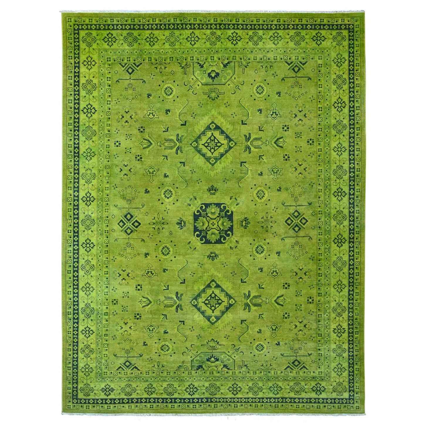 8'7"X11'6" Green Overdyed Kazak Geometric Pattern Hand Knotted Wool Rug