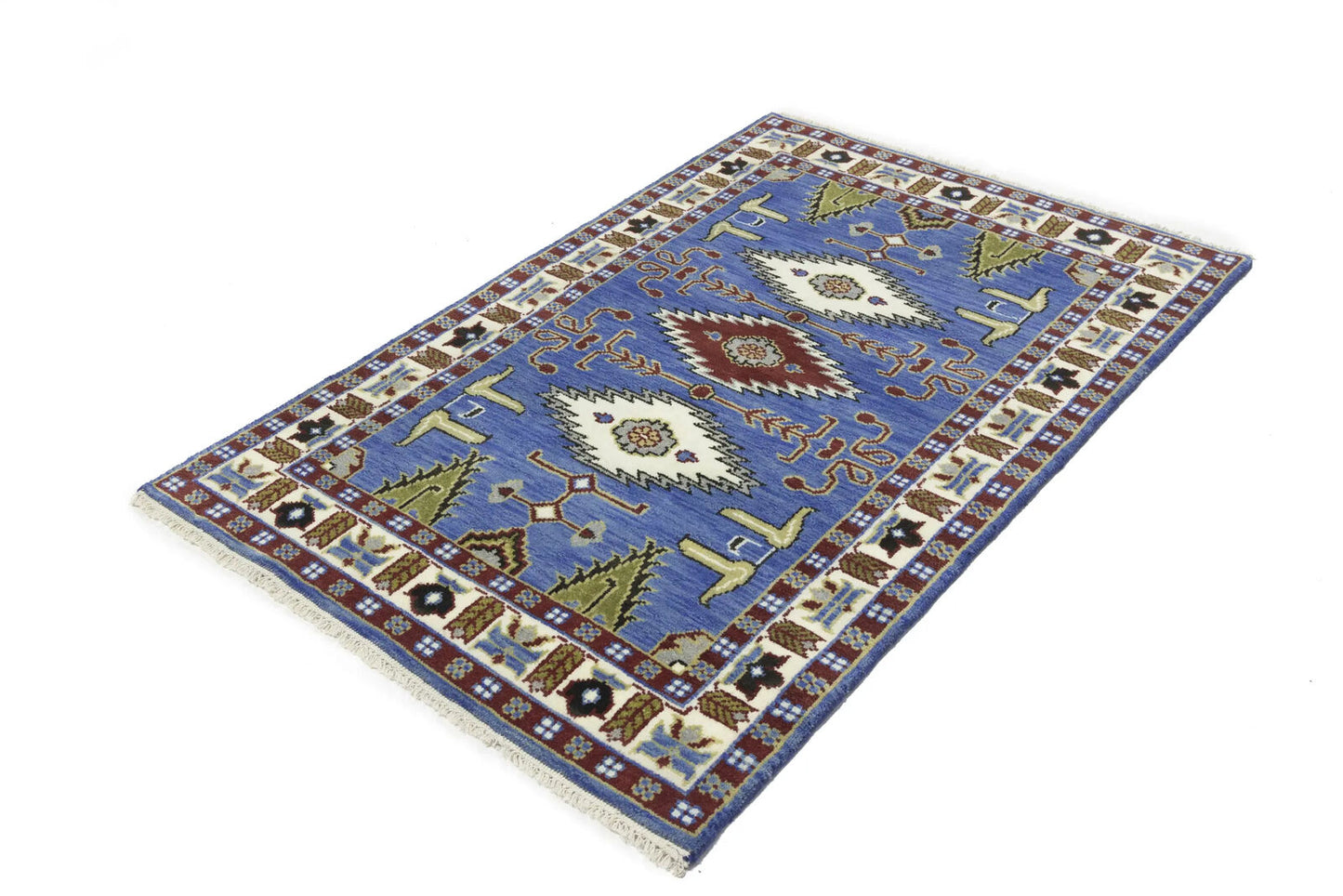 Hand-Knotted Kazak Oriental Rug 4X6 Ft Blue