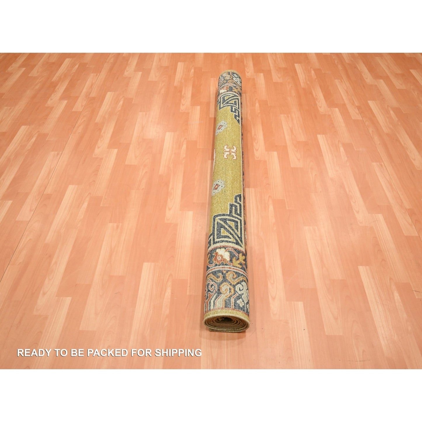 6'1"X9'4" Yellow Khotan Influence Distressed Hand Knotted 100% Wool Rug