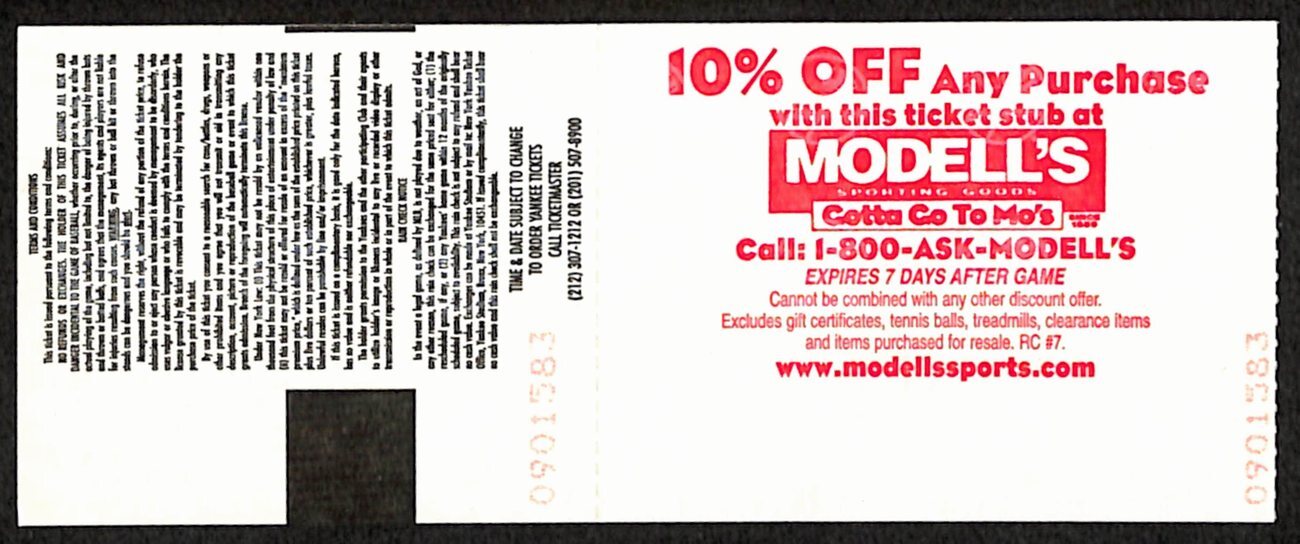 1999 Ticket Stub Yankees Vs. Rays Ny Clinch'S Al East Soriano 1St Career Hit
