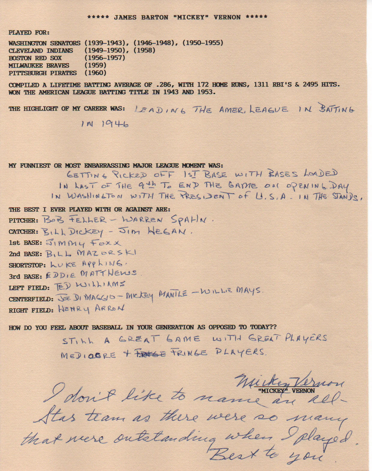 Mickey Vernon Autographed Hand Filled Out Survey Page (Jsa)