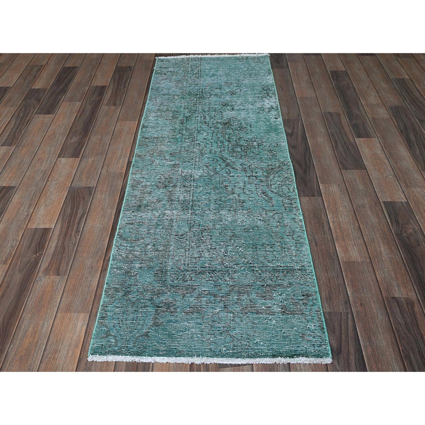 2'X5'8" Green Overdyed Vintage Zoroastrian Hand Knotted Wool Runner Rug