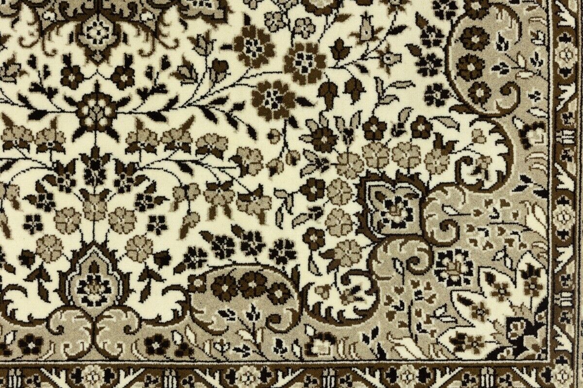 Hand-Knotted Kirman Square Rug Cream Floral Wool