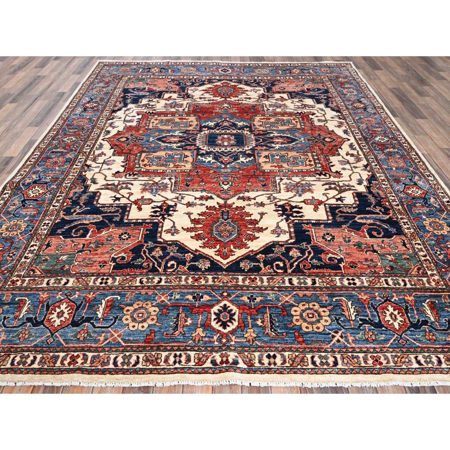 8'1"X10'1" Chiffon White Seeripe Heris Design Soft Wool Hand Knotted Rug