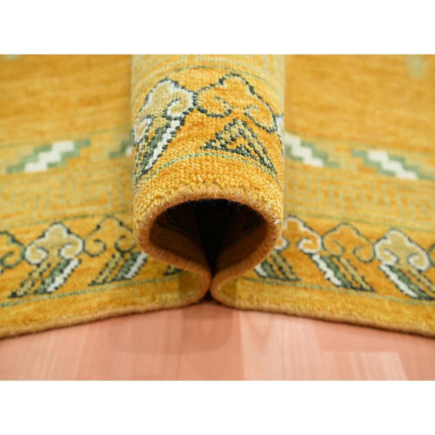 9'X12'4" Golden Yellow Khotan Design Hand Knotted 100% Wool Oriental Rug