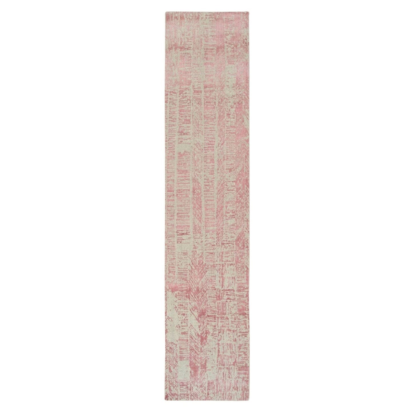 2'6"X12'1" Rose Pink Wool And Art Silk Jacquard Hand Loomed Runner Rug