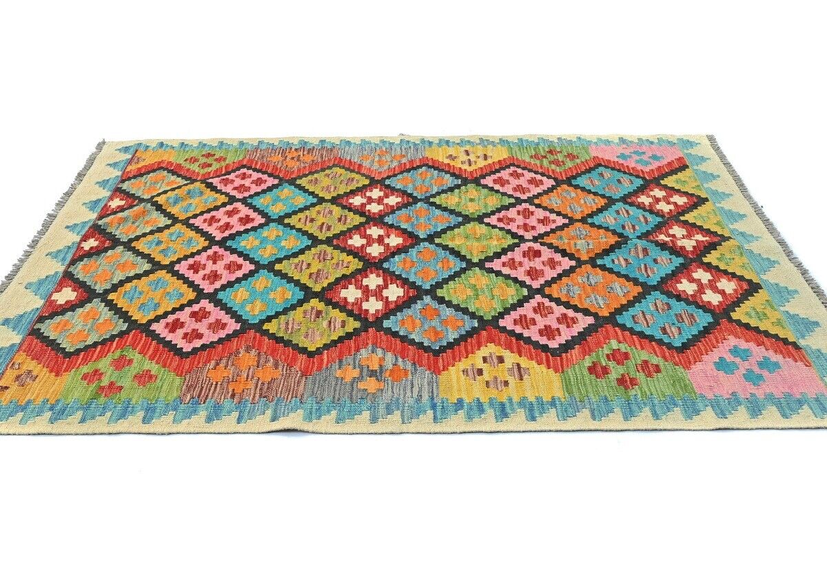 4X6 Ft Kilim Oriental Rug Multicolor Geometric
