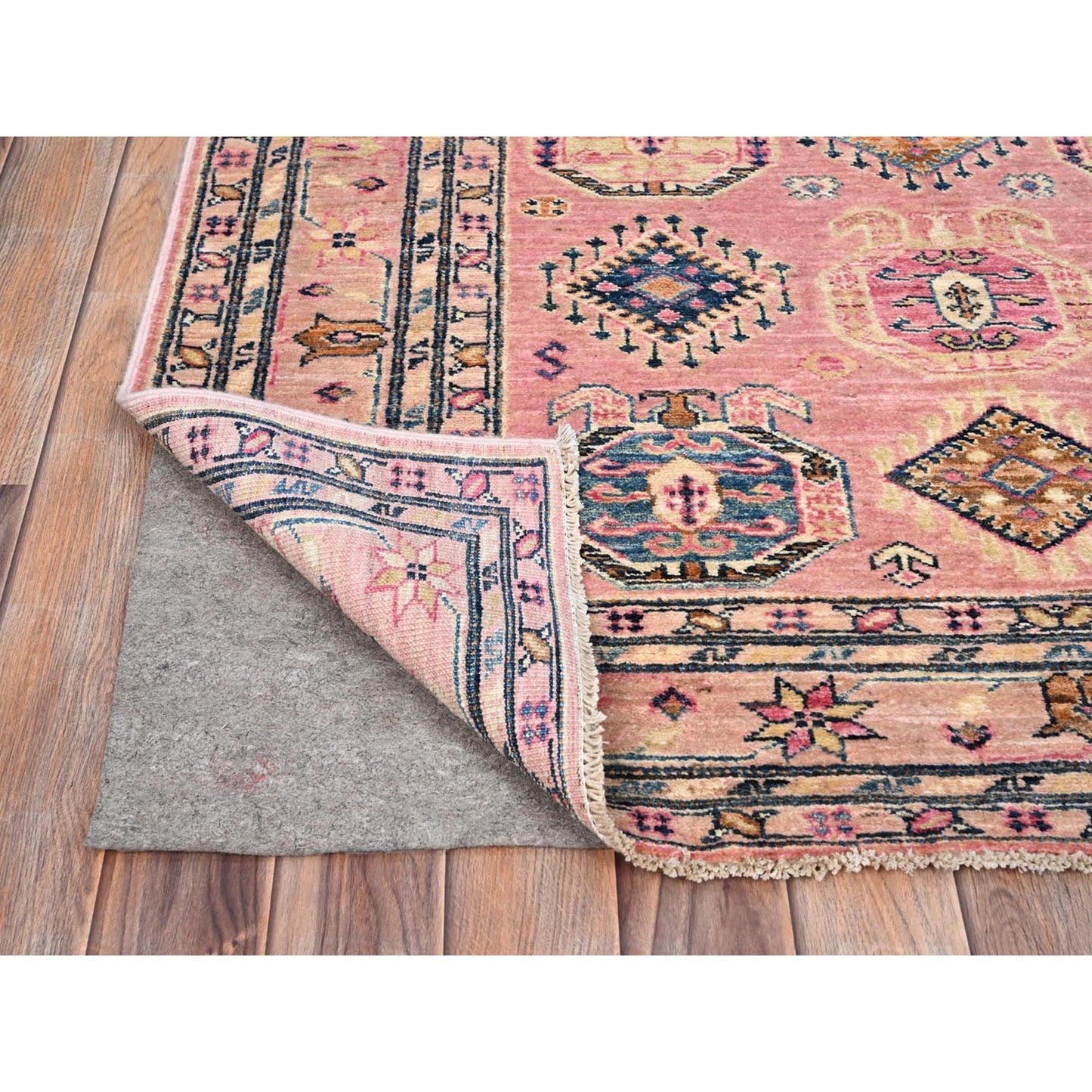 4'X6' Pink Salt Organic Wool Hand Knotted Afghan Super Kazak Rug
