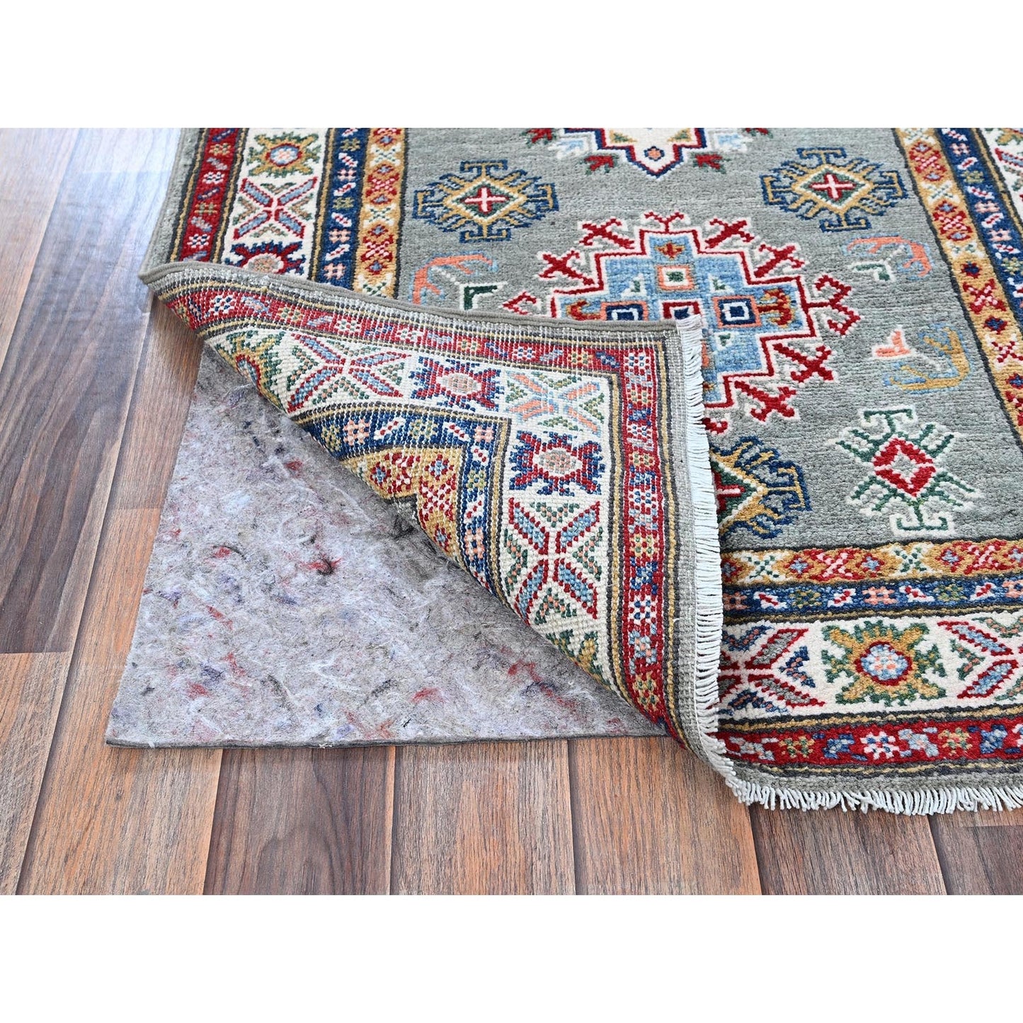 2'7"X9'3" Green Kazak With Geometric Design Wool Hand Knotted Runner Rug