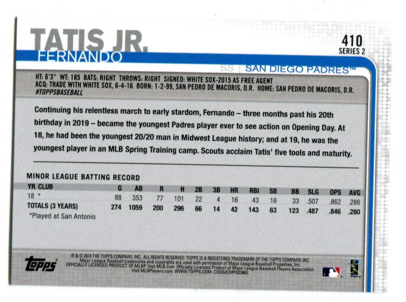 Fernando Tatis Jr. 2019 Topps Series Two #410 Series 2 Rc