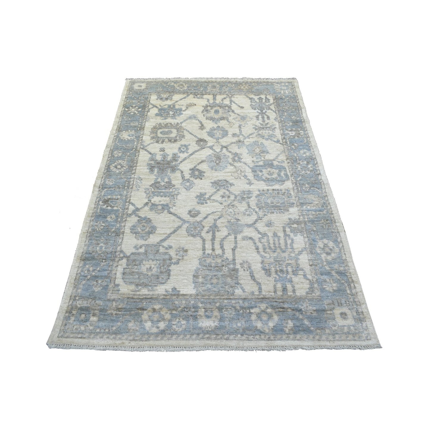 4'1"X6'1" Ivory Angora Oushak Soft Leaf Design Hand Knotted Wool Rug