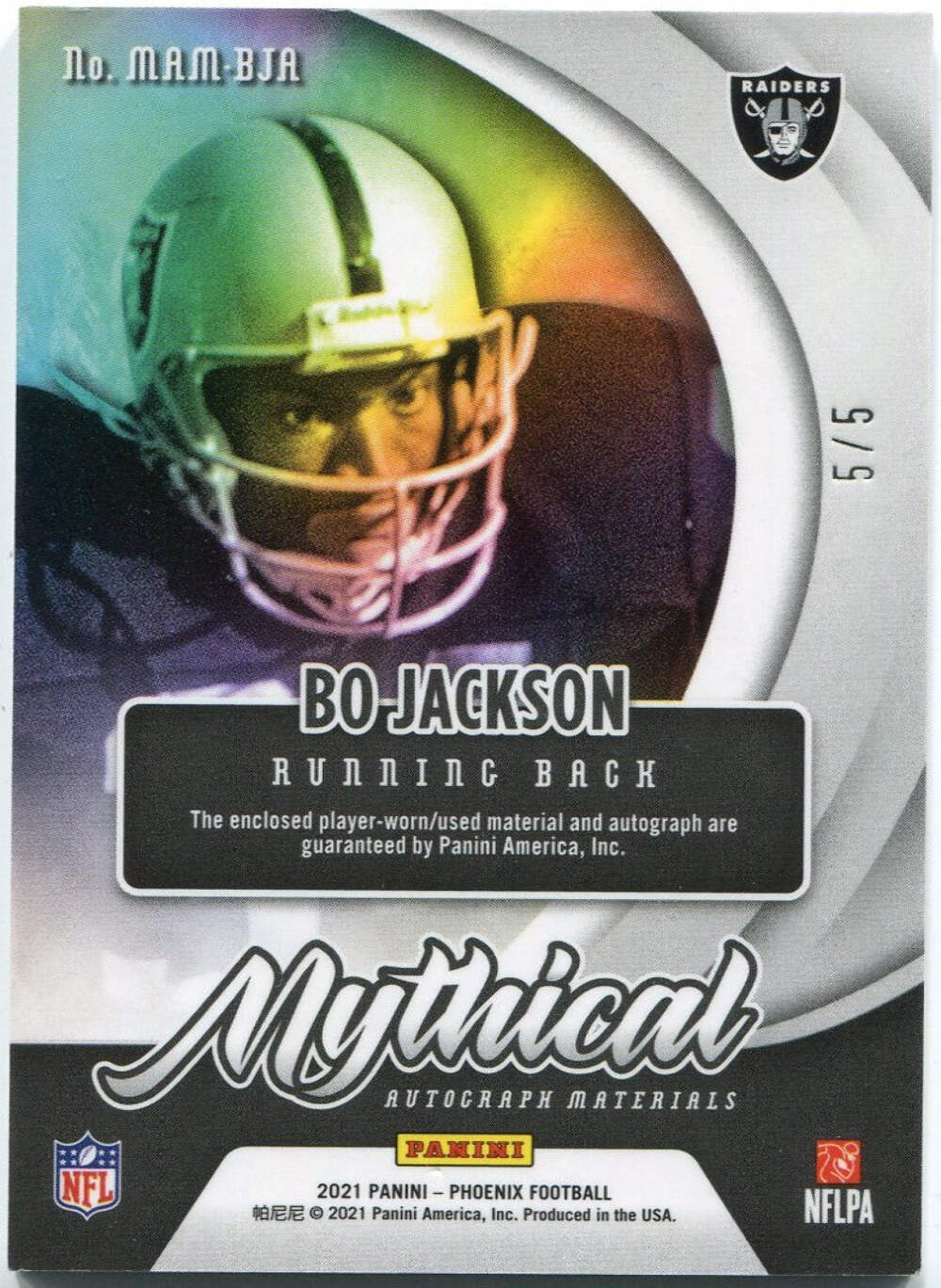 Bo Jackson 2021 Panini Phoenix Mythical 3 Color Patch/Autographed Card 5/5