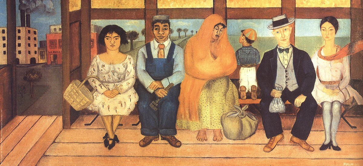 Frida Kahlo L'Autobus " Poster Folk Art Multicolor, Brown, Blu