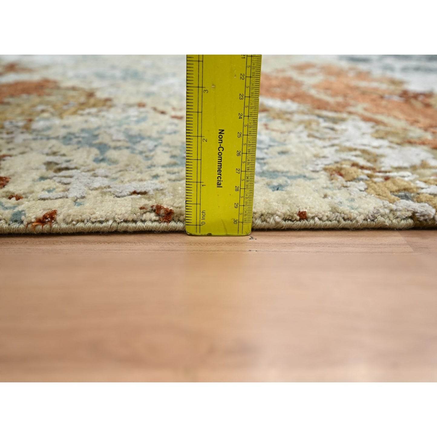 6'X9'3" Blue With Beige Abstract Galaxy Design Pure Wool Hand Knotted Rug