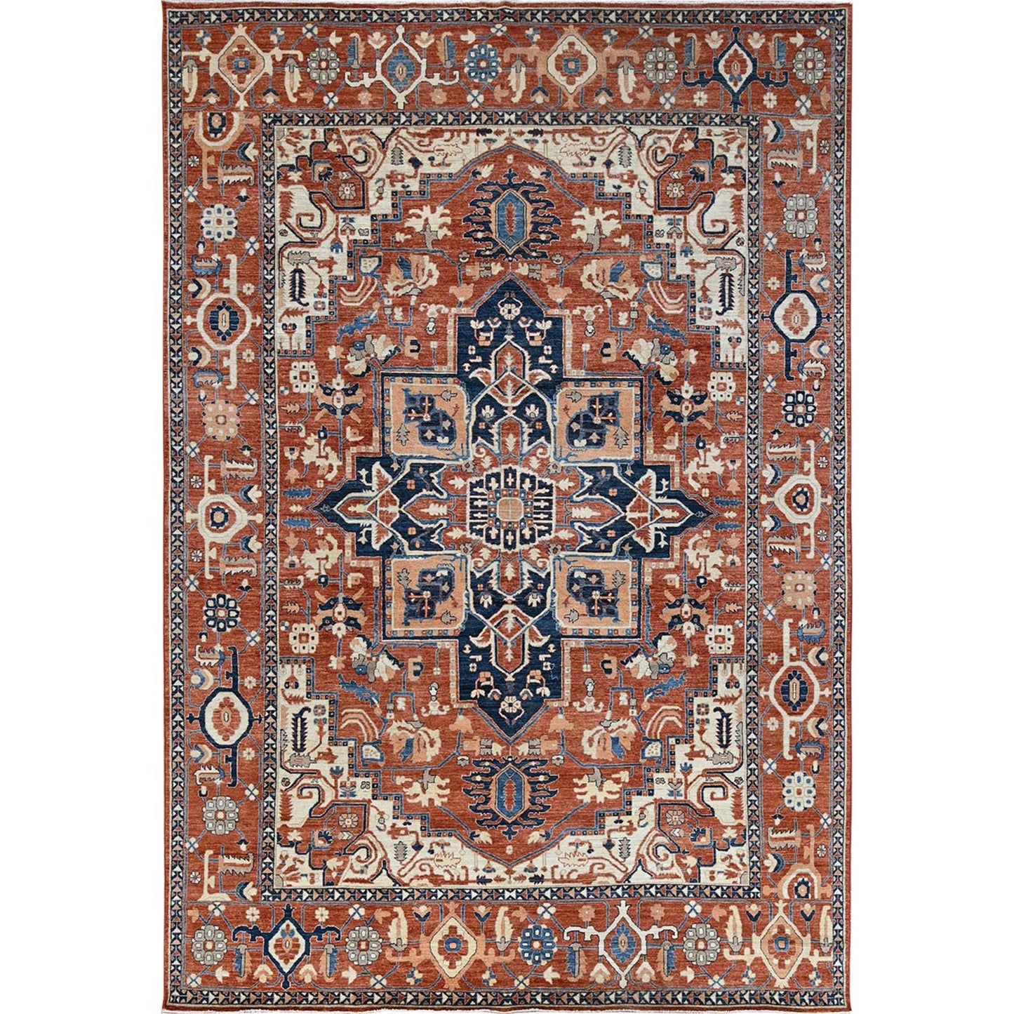 9'9"X13'10" Coral Red Peshawar Heris Hand Knotted High Mountain Wool Rug