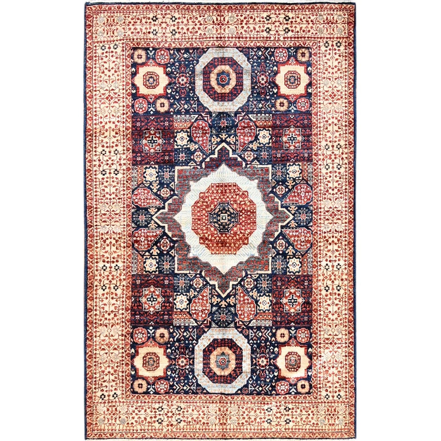 3'10"X6'3" Blue Hand Knotted Mamluk Design Pure Wool Oriental Rug