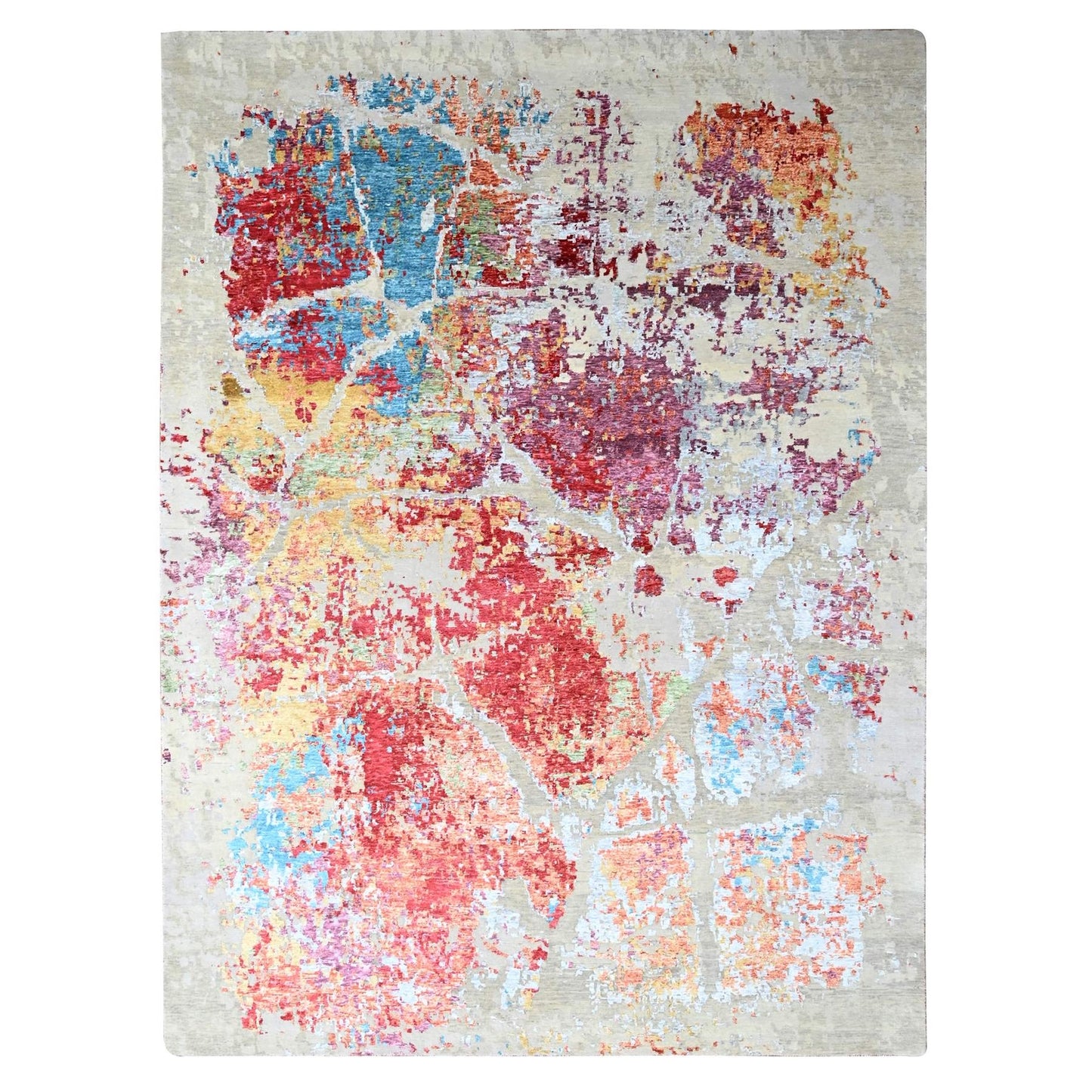 9'1"X12' Ruby Red Abstract Design Wool And Silk Hand Knotted Modern Rug