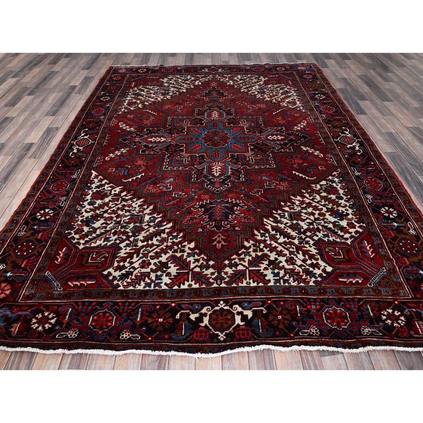 7'3"X9'5" Red Vintage Zoroastrian Heris 100% Wool Hand Knotted Oriental Rug