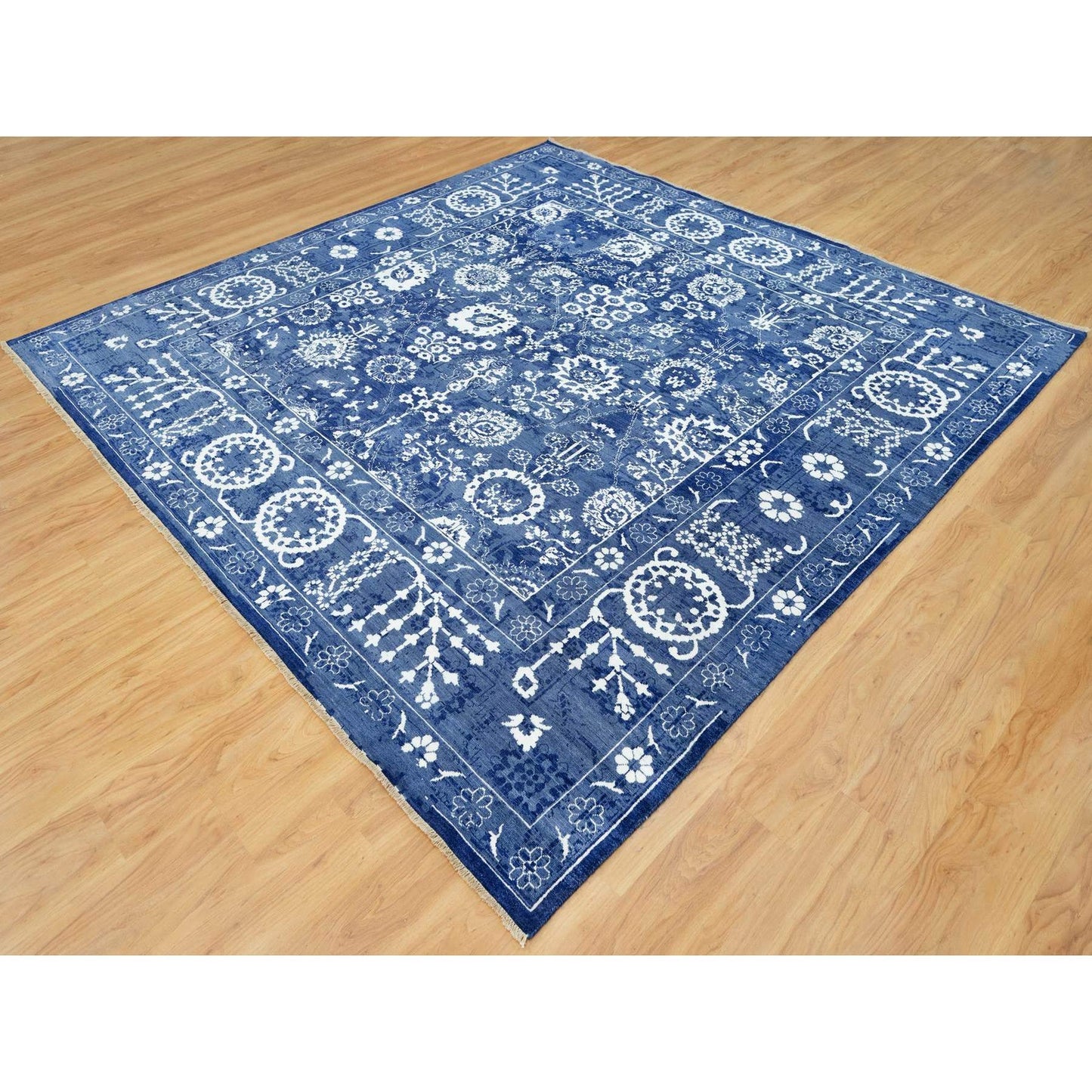 10'X10' Kensington Blue Hand Knotted Tebraz Wool Silk Oriental Square Rug