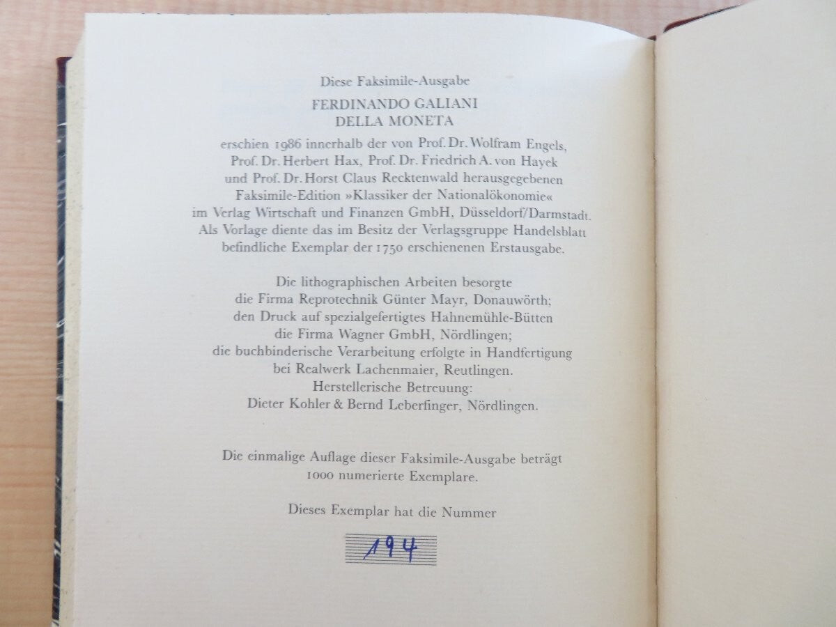 Ferdinando Galiani Della Moneta (Complete In 2 Volumes, 1986 Facsimile Edition)