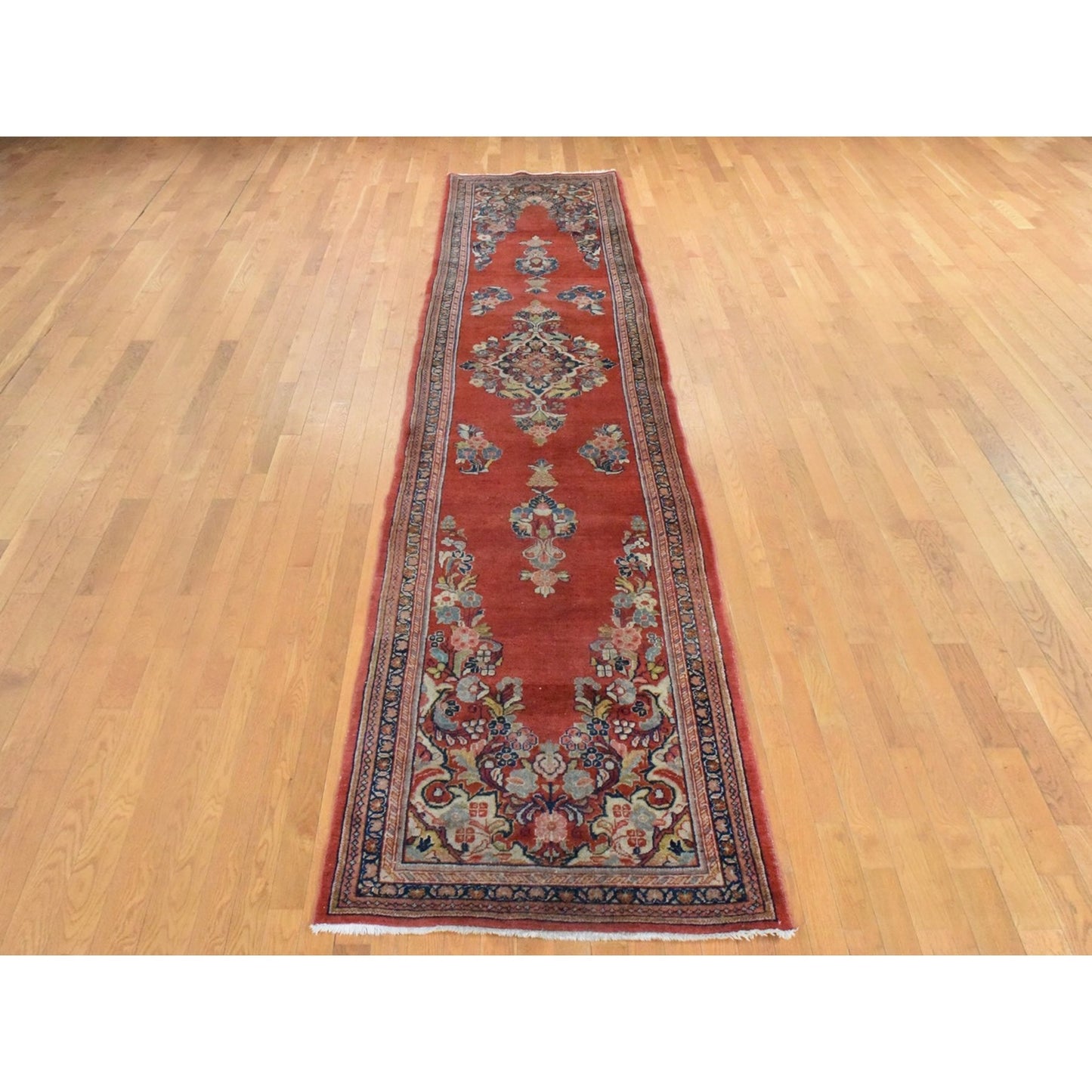 3'7"X15' Red Vintage Zoroastrian Saroogh Wool Hand Knotted Runner Rug