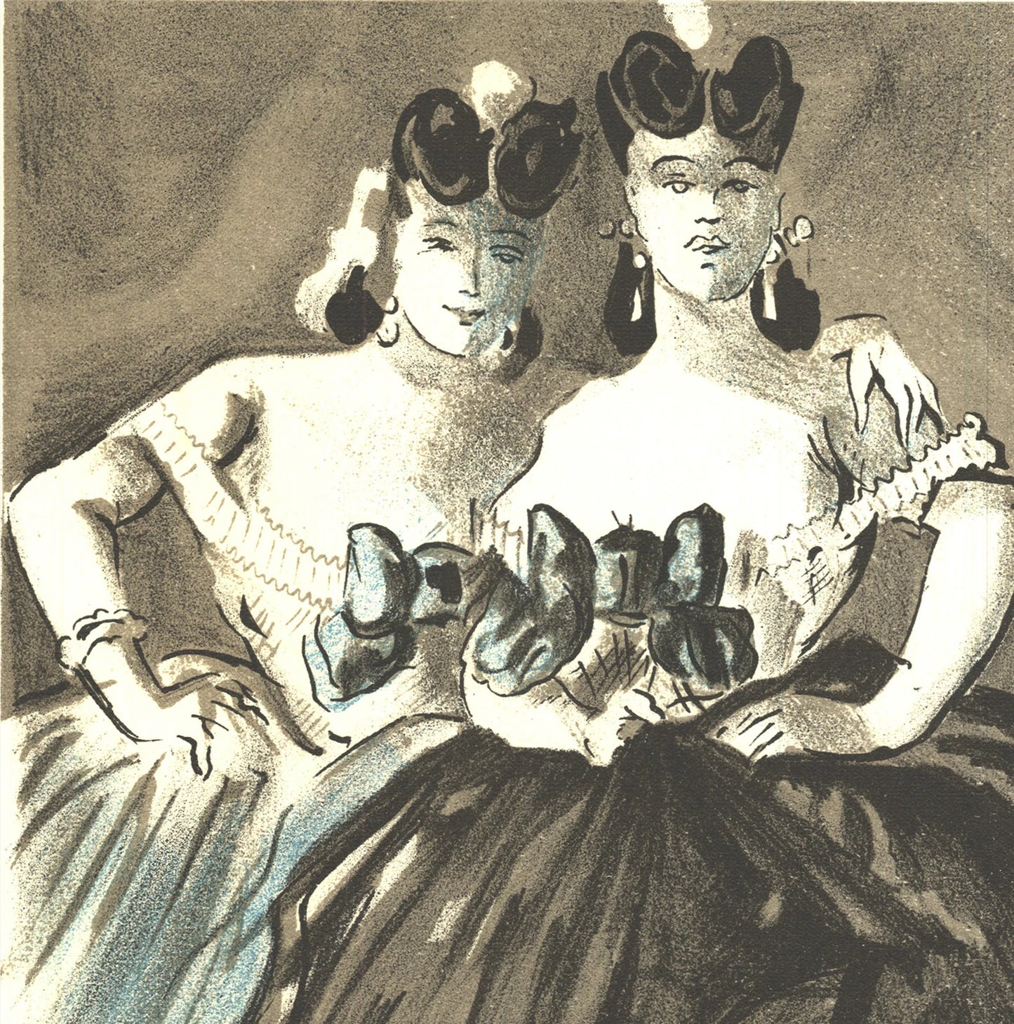 Lena Leclercq Two Women " Lithograph Vintage Black & White