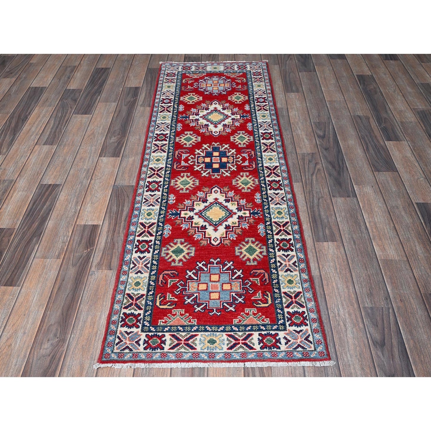 2'X5'9" Red Kazak With Medallions Design Hand Knotted Soft Wool Runner Rug