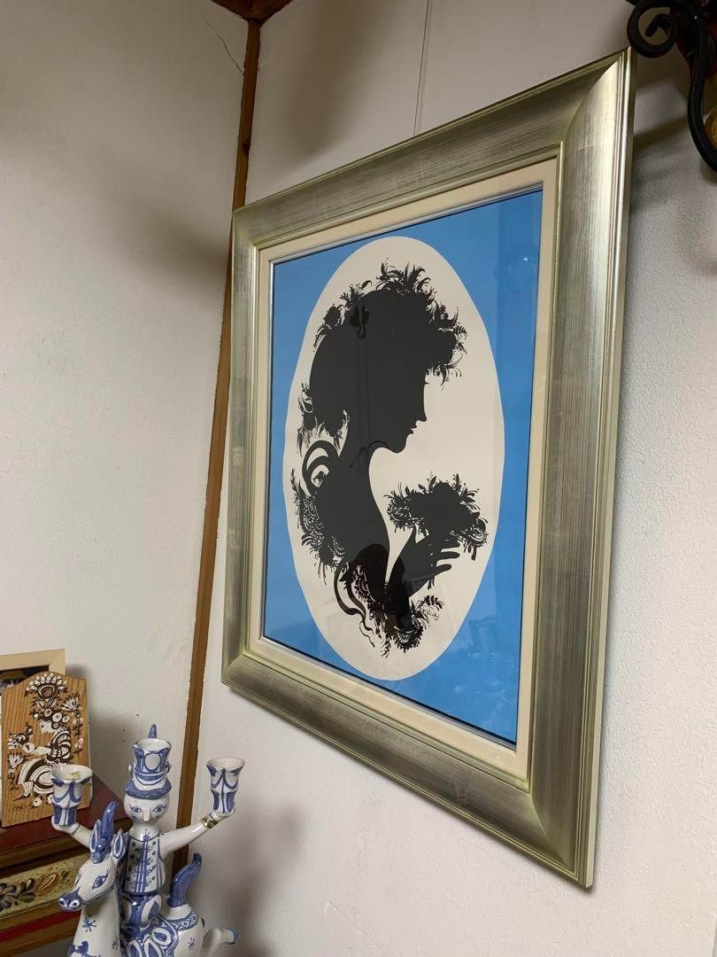 Bjorn Wiinblad Vintage Silhouette Girl Blue Silk Screen Poster Silver Frame Blue